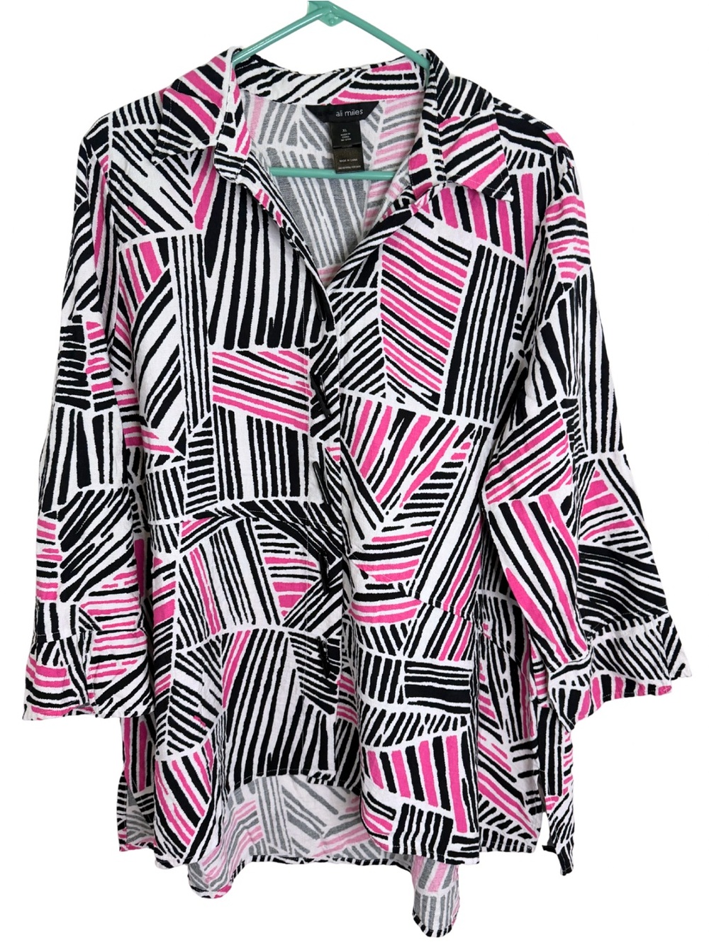 3/$20 Ali Miles Pink, Black & White 3/4 Sleeve Button Down Shirt Size XL